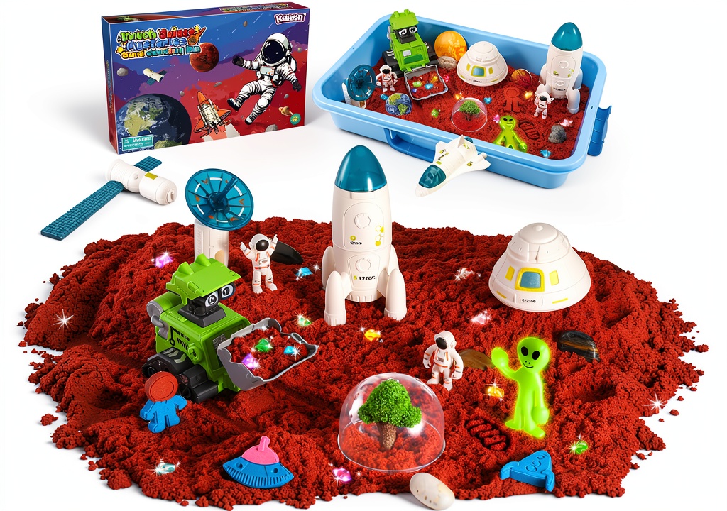 Outer Space Toys Sensory Bin with glowing gems and alien